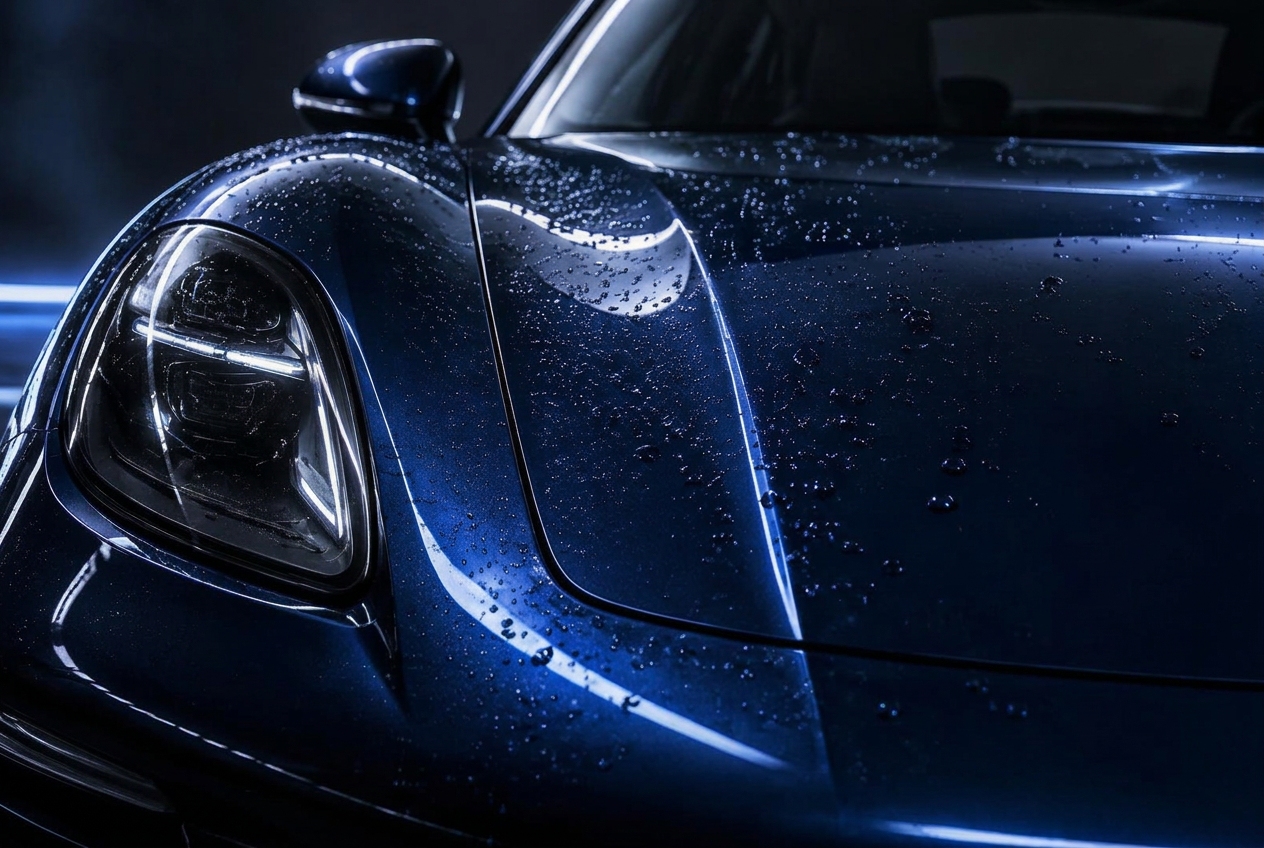 Glossy navy car paint with water beading